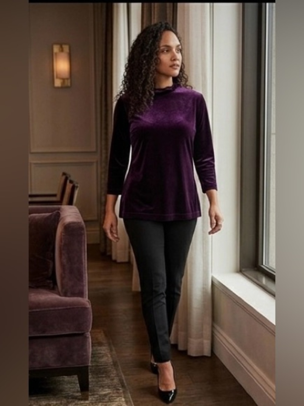Sara Campbell velvet ruffle mock neck top L purple eggplant stretch NWT